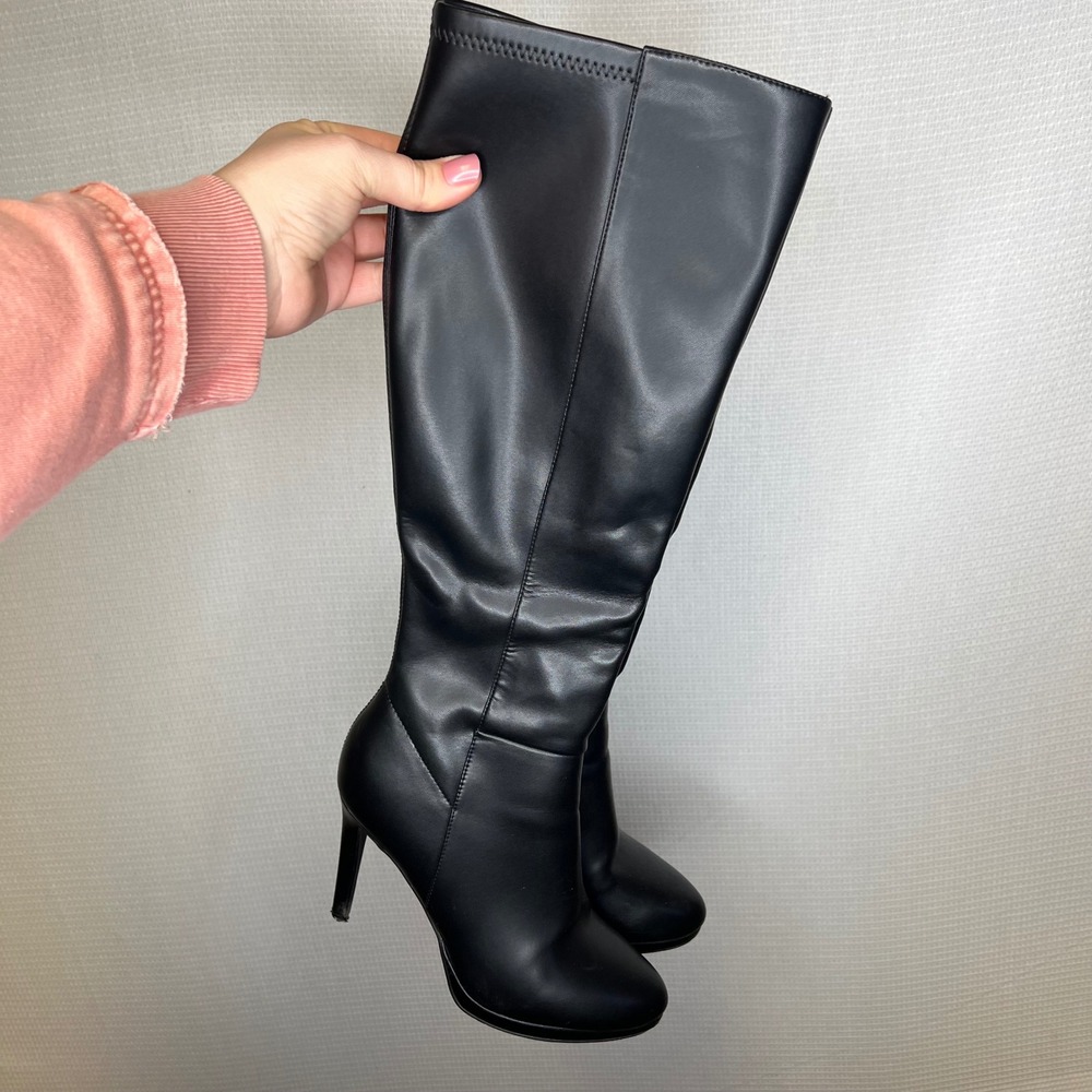 Modatope Womens Black Faux Leather Knee High Stiletto Heel Boots‎ Size 7.5